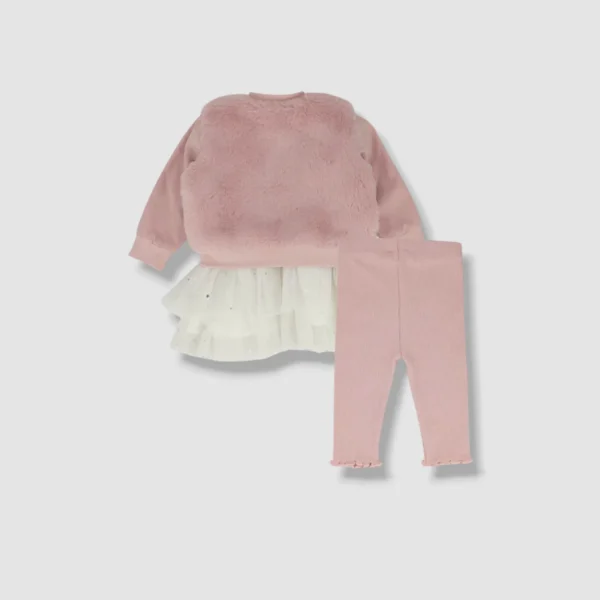Miniclasix Baby Girl's Pink Faux Fur Tutu Top, Jacket & Leggings Set