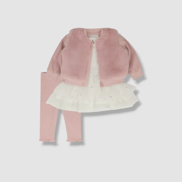 Miniclasix Baby Girl's Pink Faux Fur Tutu Top, Jacket & Leggings Set - Image 2
